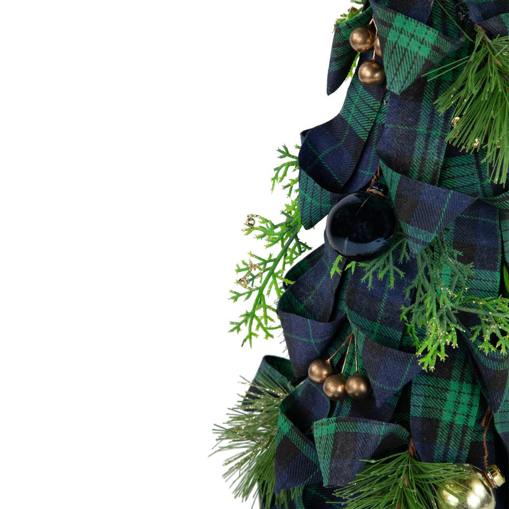 18" Green and Blue Plaid Ribbon Christmas Tabletop Cone Tree. Picture 2
