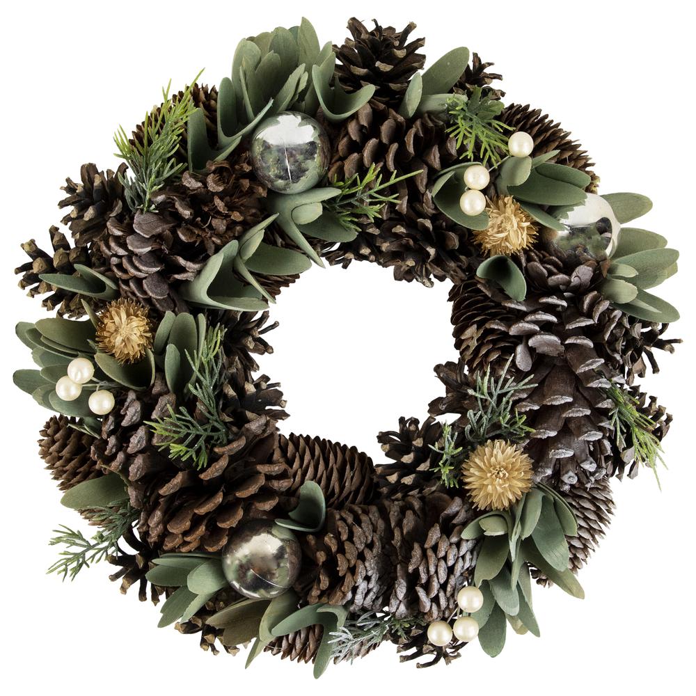 Silver and Green Mixed Foliage and Pinecone Christmas Wreath  13.5-Inch  Unlit. Picture 1