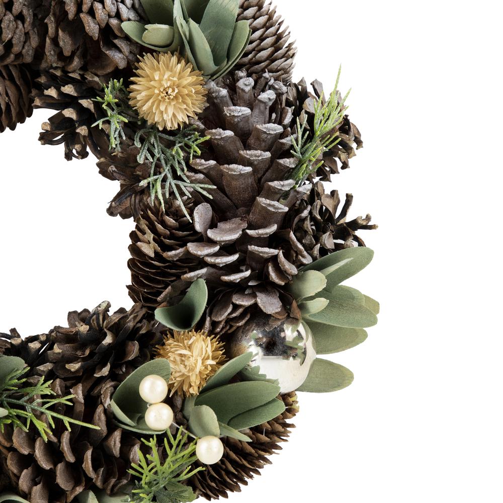 Silver and Green Mixed Foliage and Pinecone Christmas Wreath  13.5-Inch  Unlit. Picture 2
