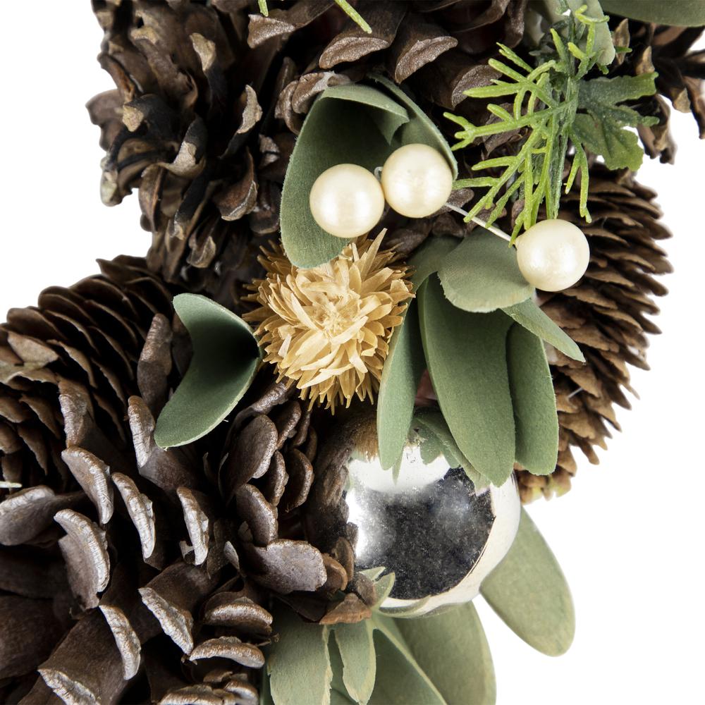 Silver and Green Mixed Foliage and Pinecone Christmas Wreath  13.5-Inch  Unlit. Picture 3