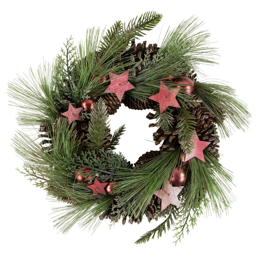 Red and Green Pine Needle  Pinecone and Star Christmas Wreath  13.5-Inch  Unlit. Picture 1