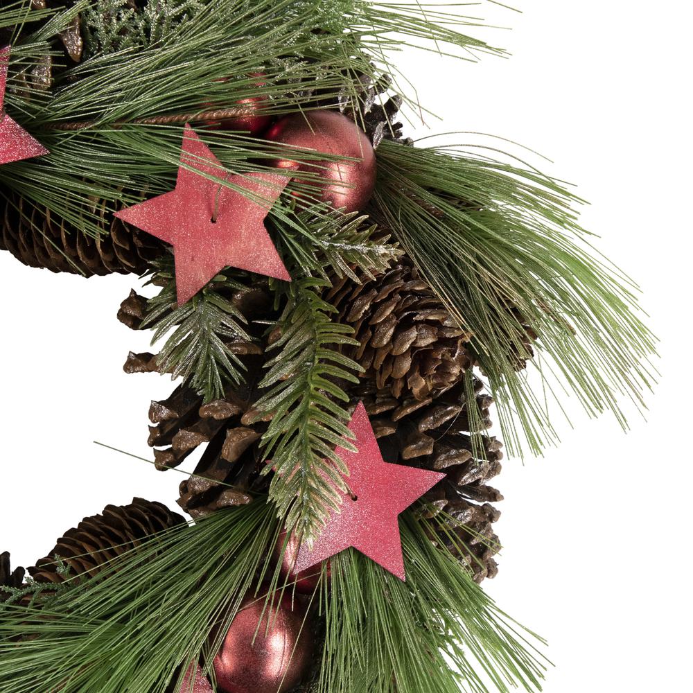 Red and Green Pine Needle  Pinecone and Star Christmas Wreath  13.5-Inch  Unlit. Picture 2