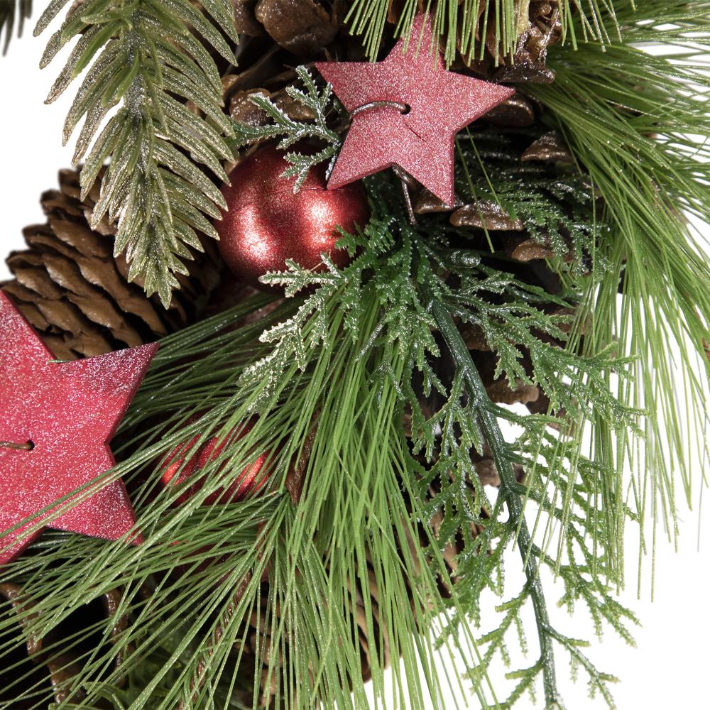Red and Green Pine Needle  Pinecone and Star Christmas Wreath  13.5-Inch  Unlit. Picture 3