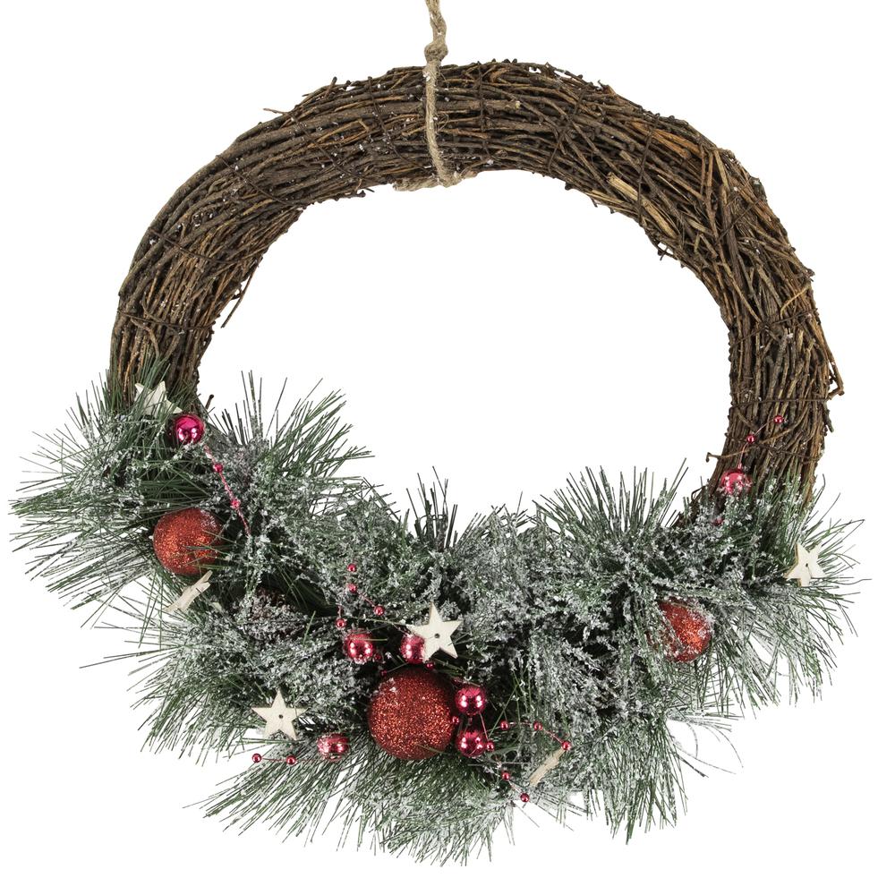 Red Ornaments  Pine Needle and Stars Frosted Christmas Wreath  13.75-Inch. Picture 1