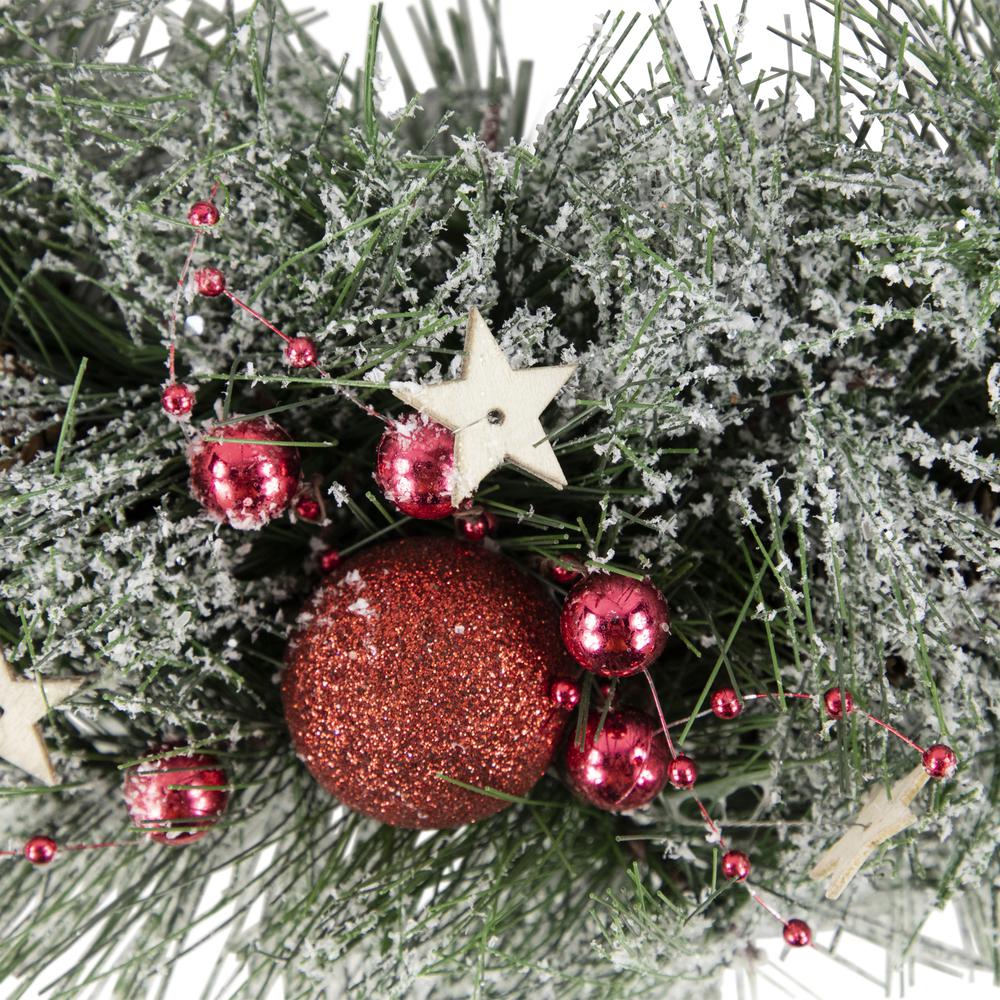 Red Ornaments  Pine Needle and Stars Frosted Christmas Wreath  13.75-Inch. Picture 4