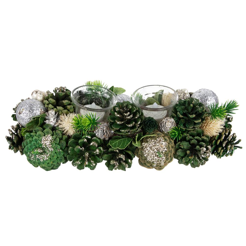 13" Green Pinecone and Silver Glitter Ornaments Christmas Tealight Candle Holder. Picture 1