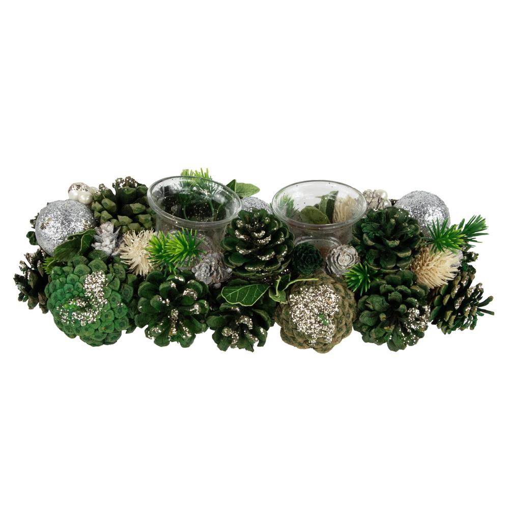13" Green Pinecone and Silver Glitter Ornaments Christmas Tealight Candle Holder. Picture 2