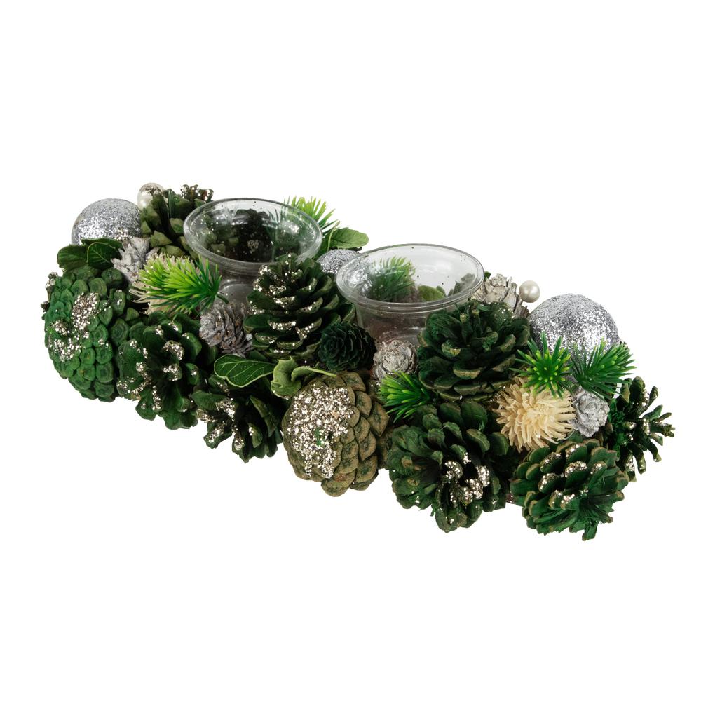 13" Green Pinecone and Silver Glitter Ornaments Christmas Tealight Candle Holder. Picture 3