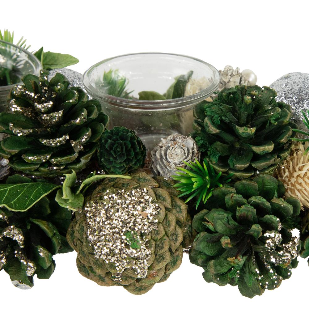 13" Green Pinecone and Silver Glitter Ornaments Christmas Tealight Candle Holder. Picture 4