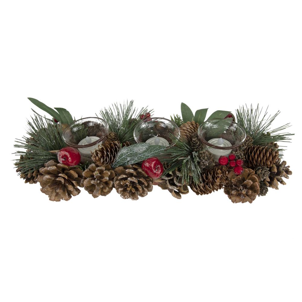15.25" Glitter Pinecones and Red Berries Tealight Christmas Candle Holder. Picture 1