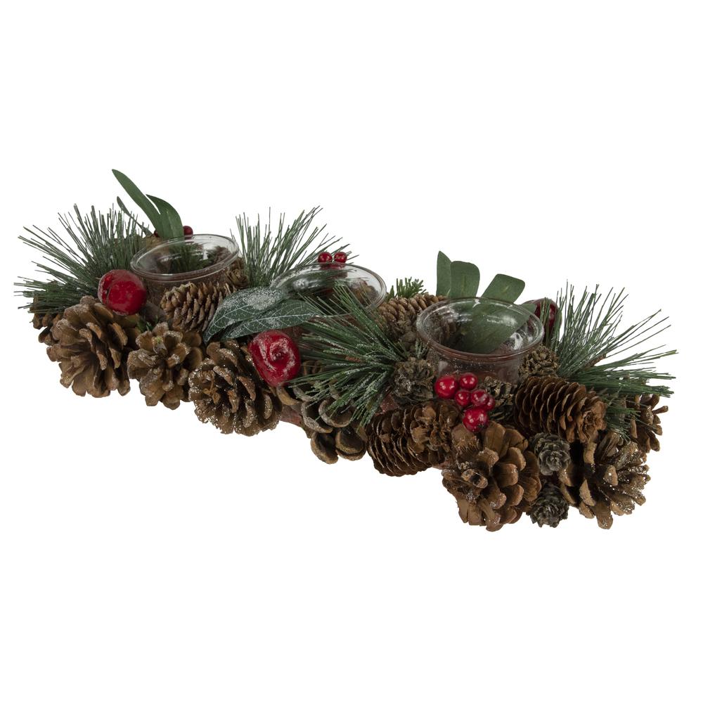 15.25" Glitter Pinecones and Red Berries Tealight Christmas Candle Holder. Picture 3
