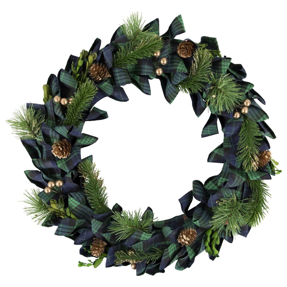 Blue and Green Plaid Bow Artificial Pine Christmas Wreath  17.75-Inch  Unlit. Picture 1