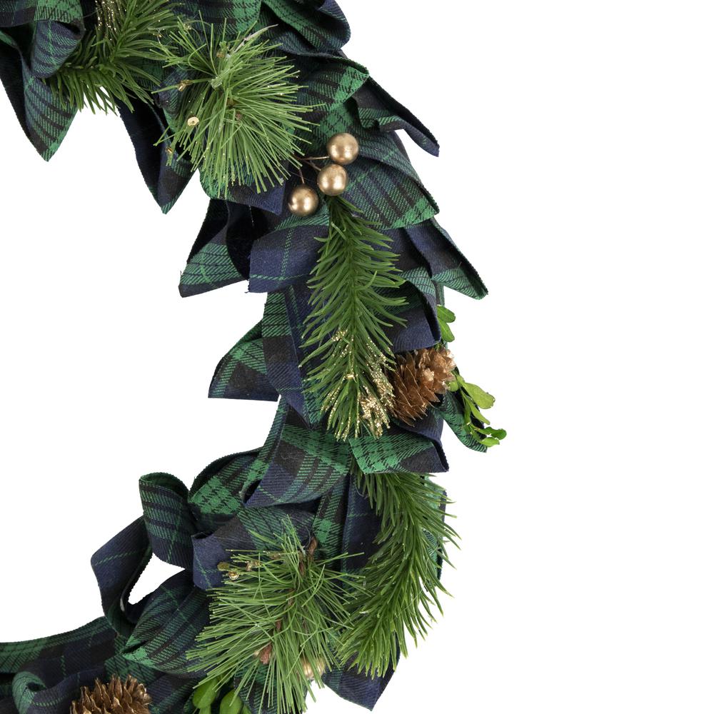 Blue and Green Plaid Bow Artificial Pine Christmas Wreath  17.75-Inch  Unlit. Picture 2