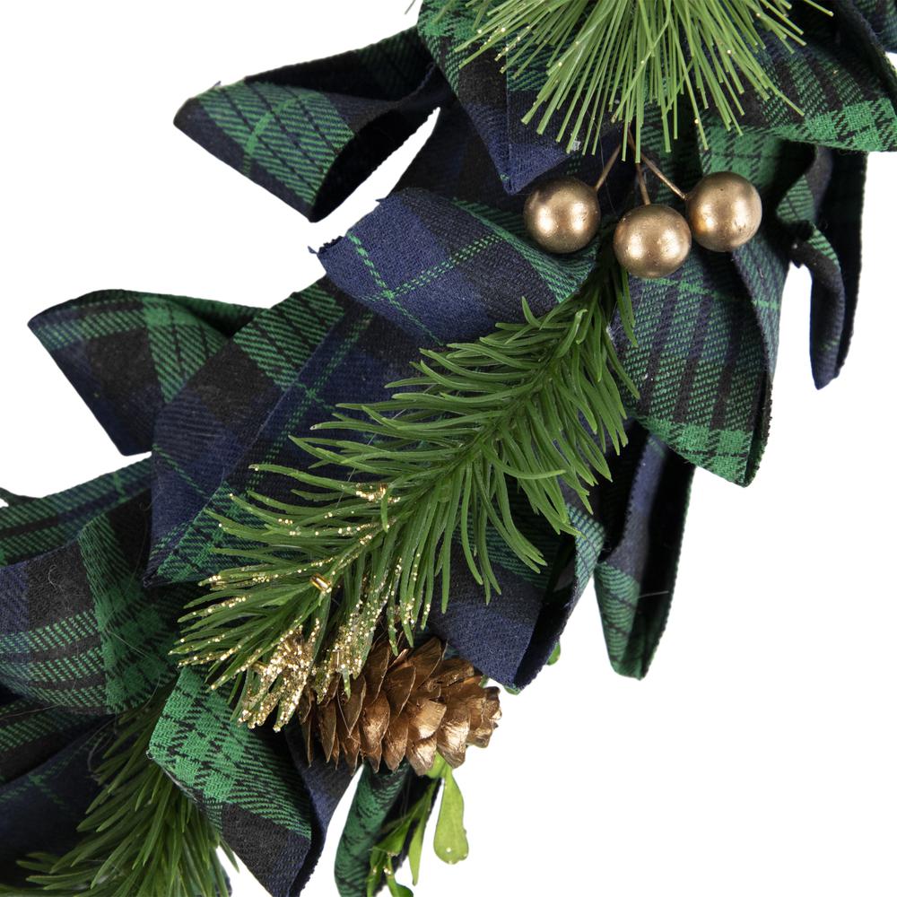 Blue and Green Plaid Bow Artificial Pine Christmas Wreath  17.75-Inch  Unlit. Picture 3