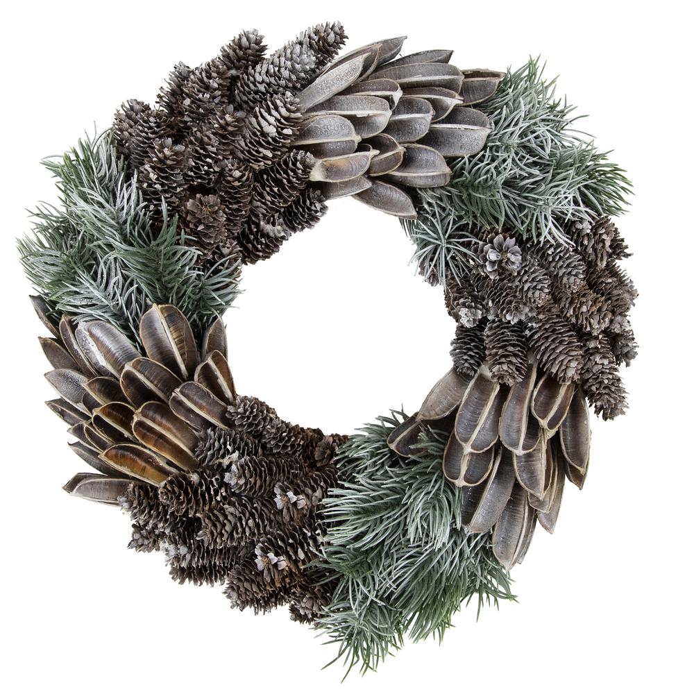 Brown and Green Pine Needle and Pine Cone Christmas Wreath 13.5-Inch Unlit. Picture 1
