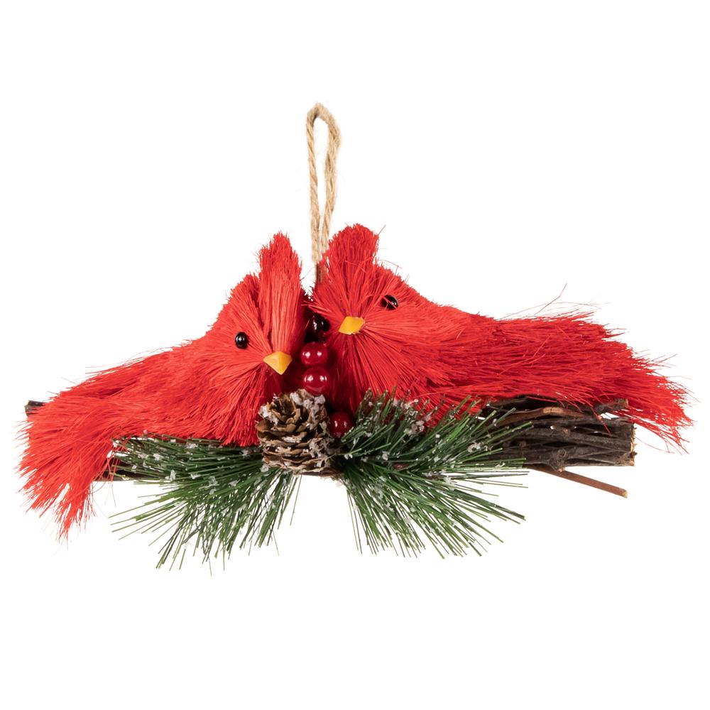 8" Double Cardinal and Pine Needle Branch Hanging Christmas Ornament. Picture 1