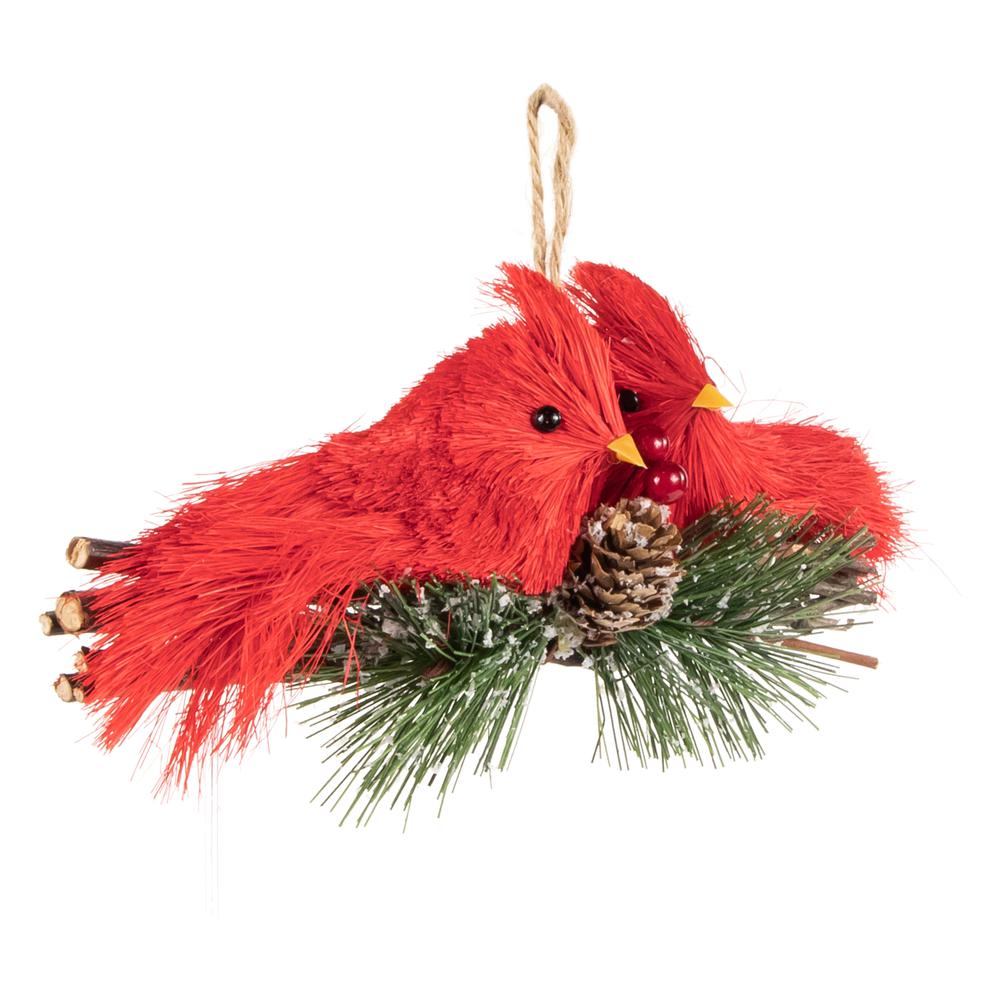 8" Double Cardinal and Pine Needle Branch Hanging Christmas Ornament. Picture 2