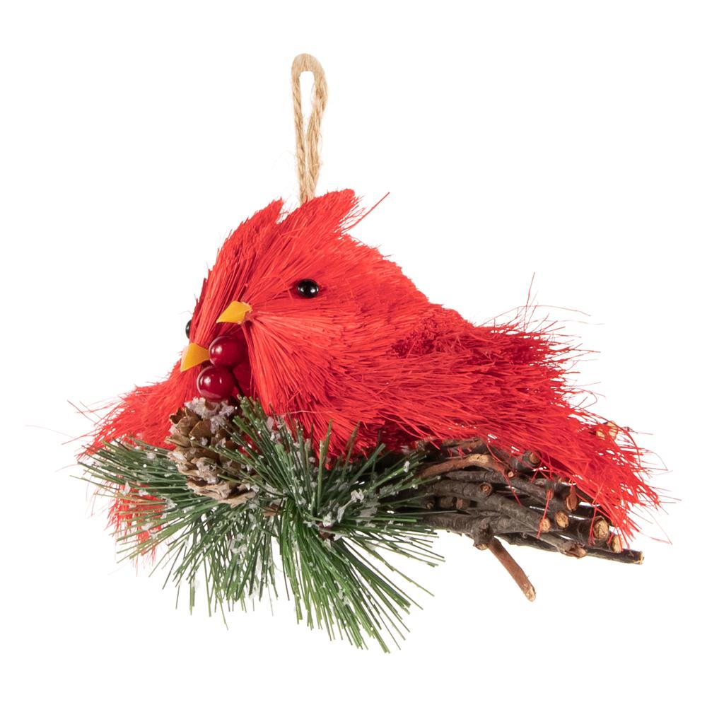 8" Double Cardinal and Pine Needle Branch Hanging Christmas Ornament. Picture 3