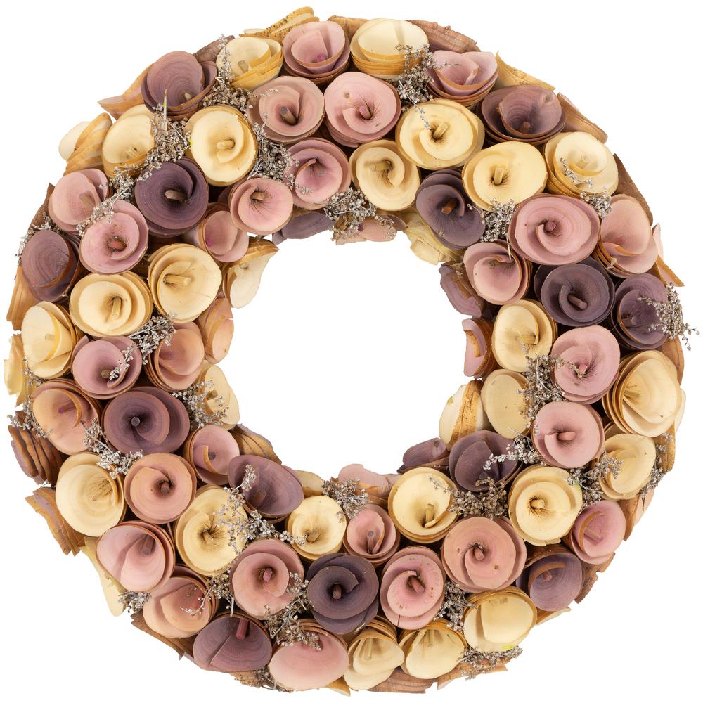 Artificial Floral Wooden Spring Wreath - 12" - Pink and Yellow. Picture 1