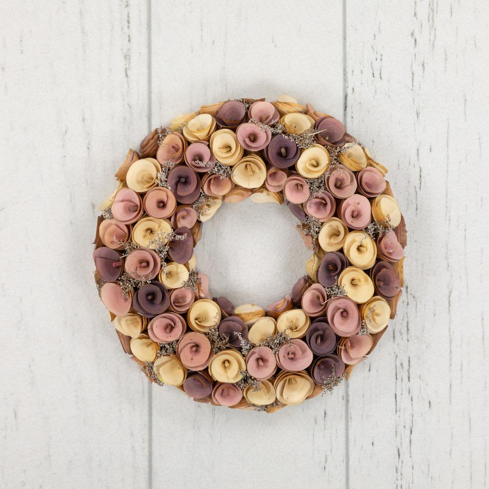 Artificial Floral Wooden Spring Wreath - 12" - Pink and Yellow. Picture 4