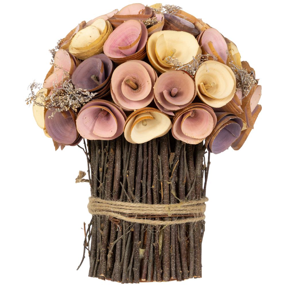 Wooden Artificial Floral Spring Bouquet - 8.25" -  Pink and Yellow. Picture 1