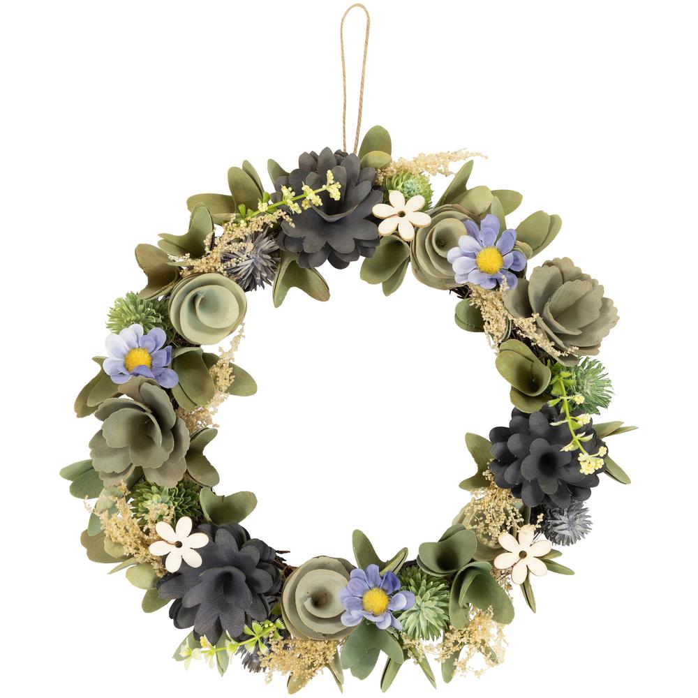 Wooden Mixed Floral Artificial Spring Wreath - 10.5" - Green and Blue. Picture 1