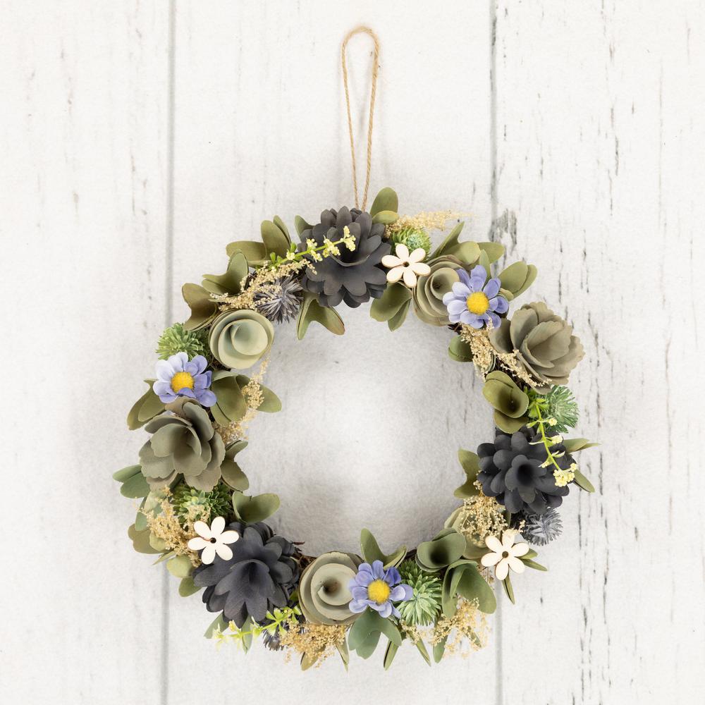 Wooden Mixed Floral Artificial Spring Wreath - 10.5" - Green and Blue. Picture 4