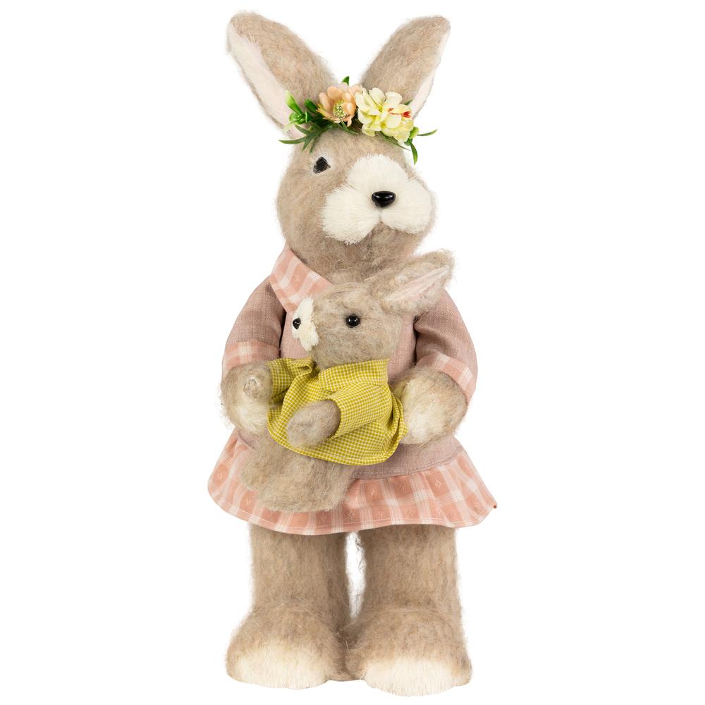 Mother Rabbit with Baby Bunny Easter Figure - 14.5" - Brown and Rose Pink. Picture 1