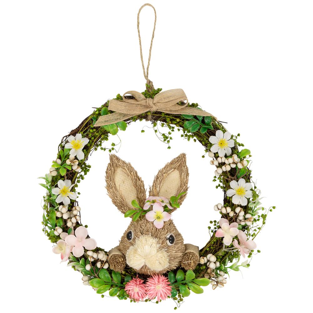 Spring Floral Easter Wreath with Peering Rabbit - 11" - Green and Pink. Picture 1