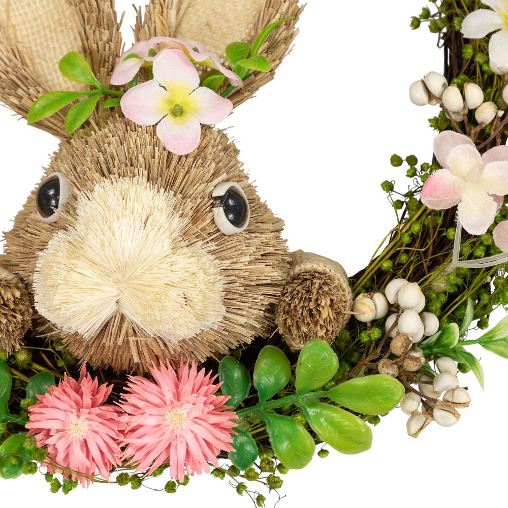 Spring Floral Easter Wreath with Peering Rabbit - 11" - Green and Pink. Picture 3