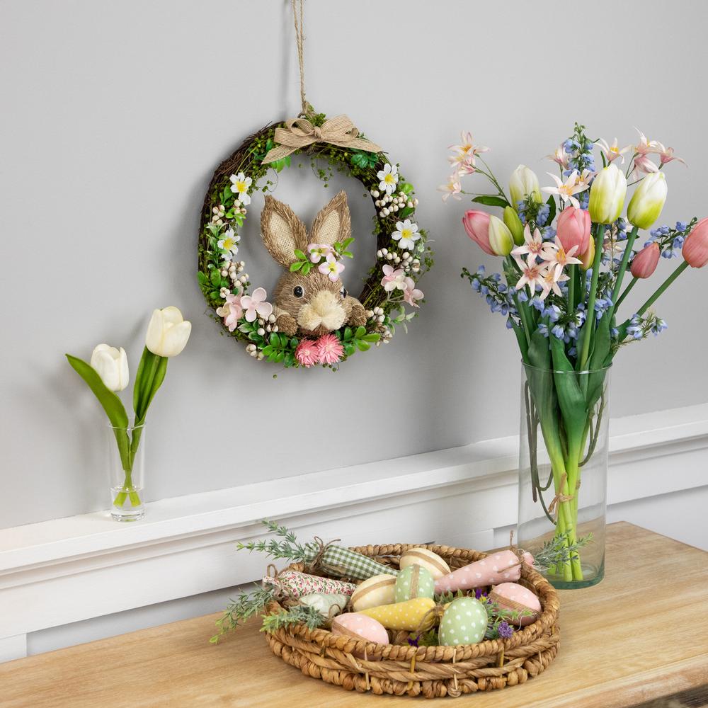 Spring Floral Easter Wreath with Peering Rabbit - 11" - Green and Pink. Picture 6