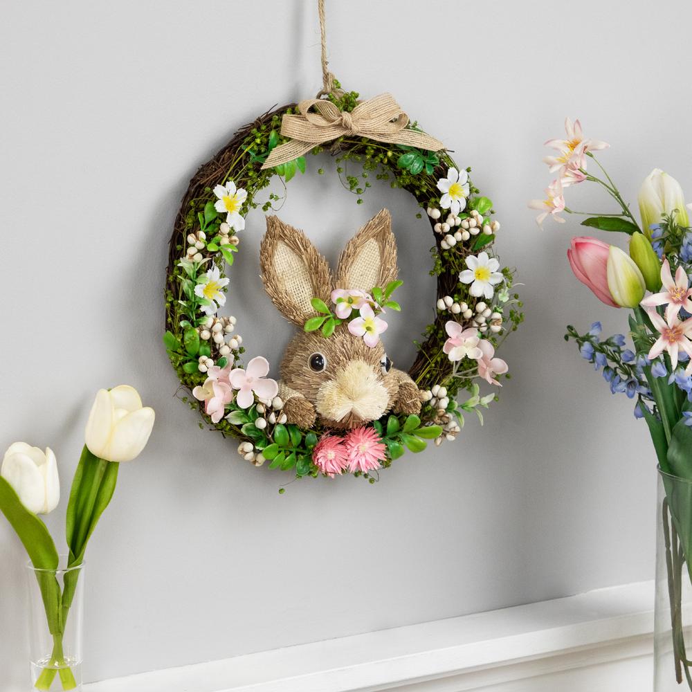 Spring Floral Easter Wreath with Peering Rabbit - 11" - Green and Pink. Picture 2