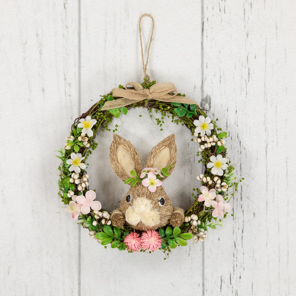 Spring Floral Easter Wreath with Peering Rabbit - 11" - Green and Pink. Picture 5