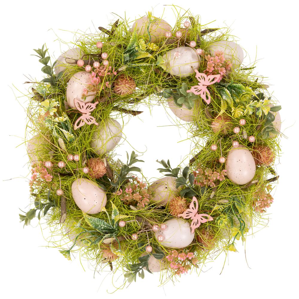 Easter Eggs with Butterflies Artificial Spring Wreath - 13" - Green and Pink. Picture 1