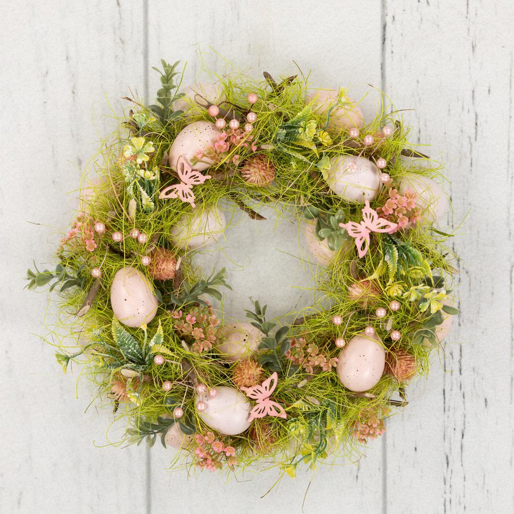 Easter Eggs with Butterflies Artificial Spring Wreath - 13" - Green and Pink. Picture 5