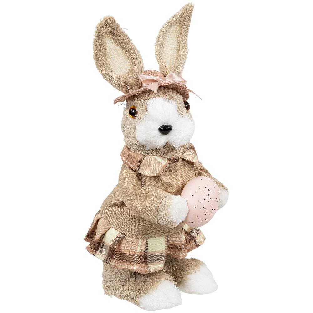 Girl Easter Rabbit Figurine with Plaid Dress - 12" - Beige. Picture 1