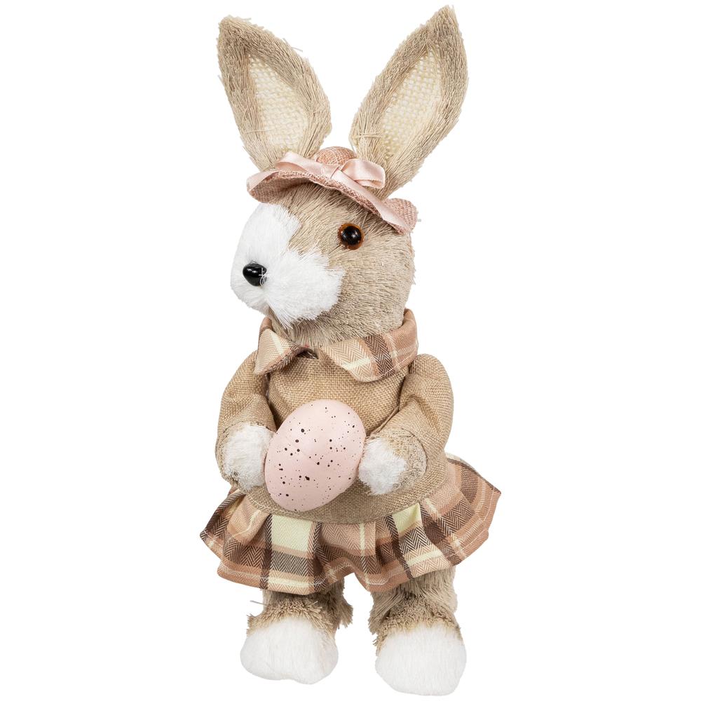 Girl Easter Rabbit Figurine with Plaid Dress - 12" - Beige. Picture 3