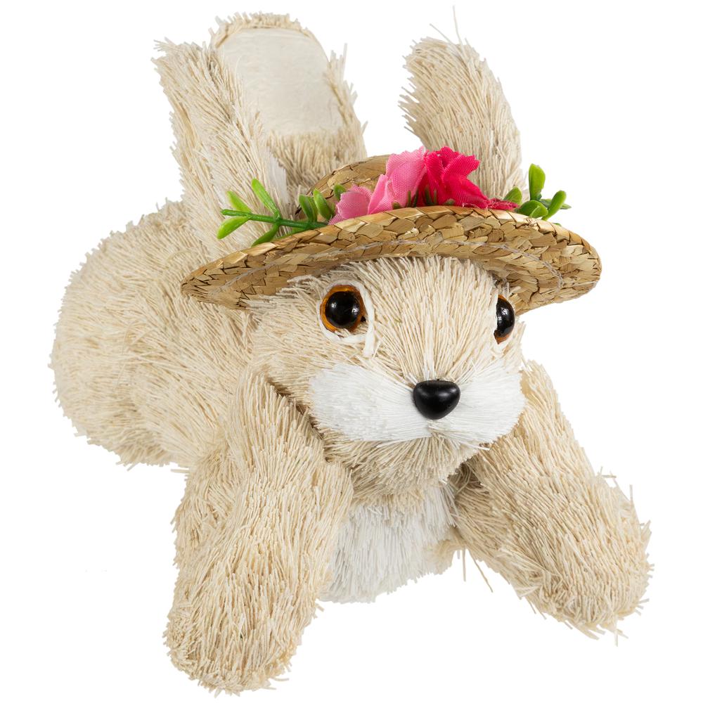 Rabbit with Floral Straw Hat Easter Figurine - 8.75" - Beige. Picture 1