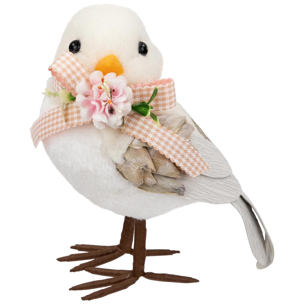 Plush Bird with Gingham Bow Easter Figurine - 7" - Beige. Picture 1