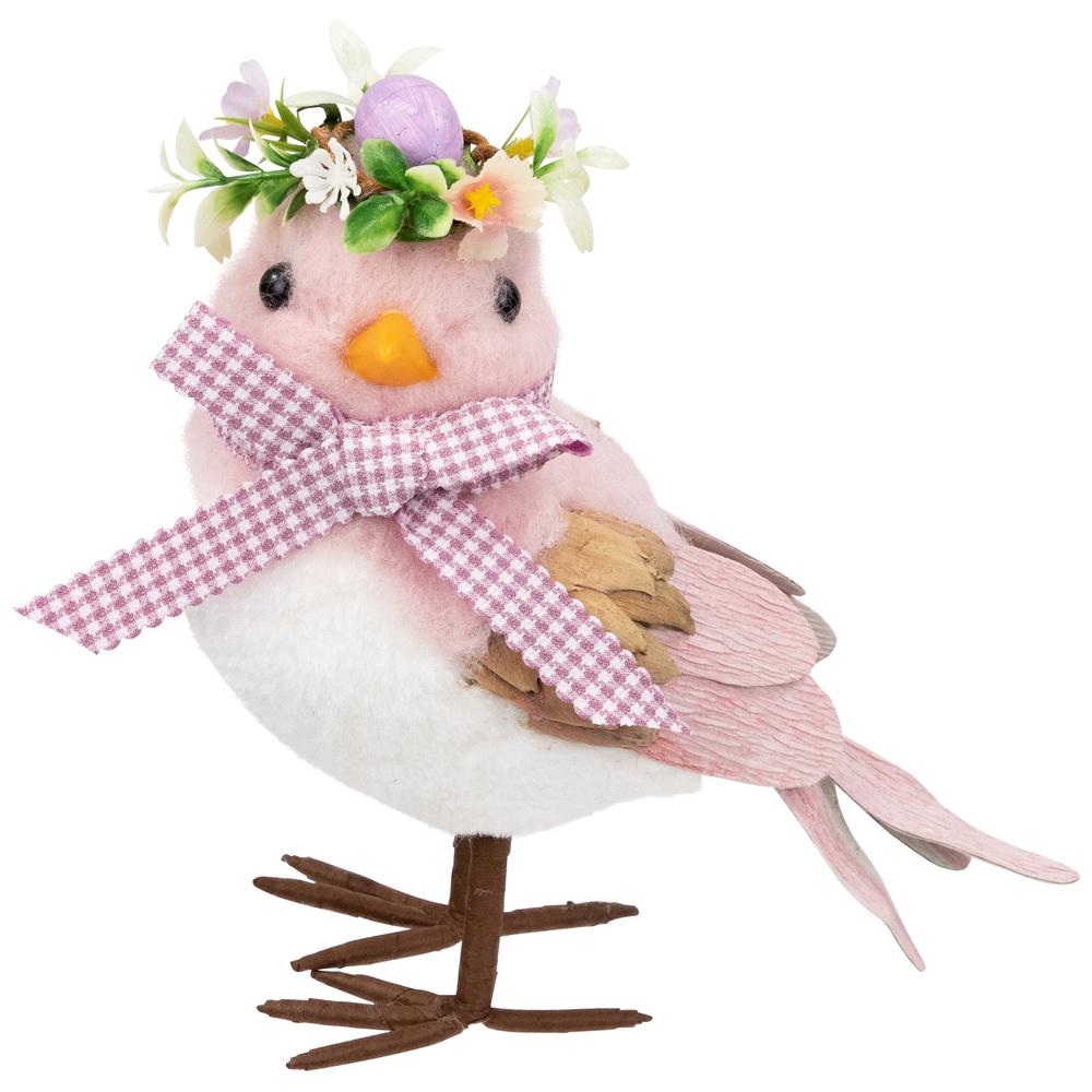 Plush Bird with Gingham Bow Easter Figurine - 7.75" - Pink. Picture 1