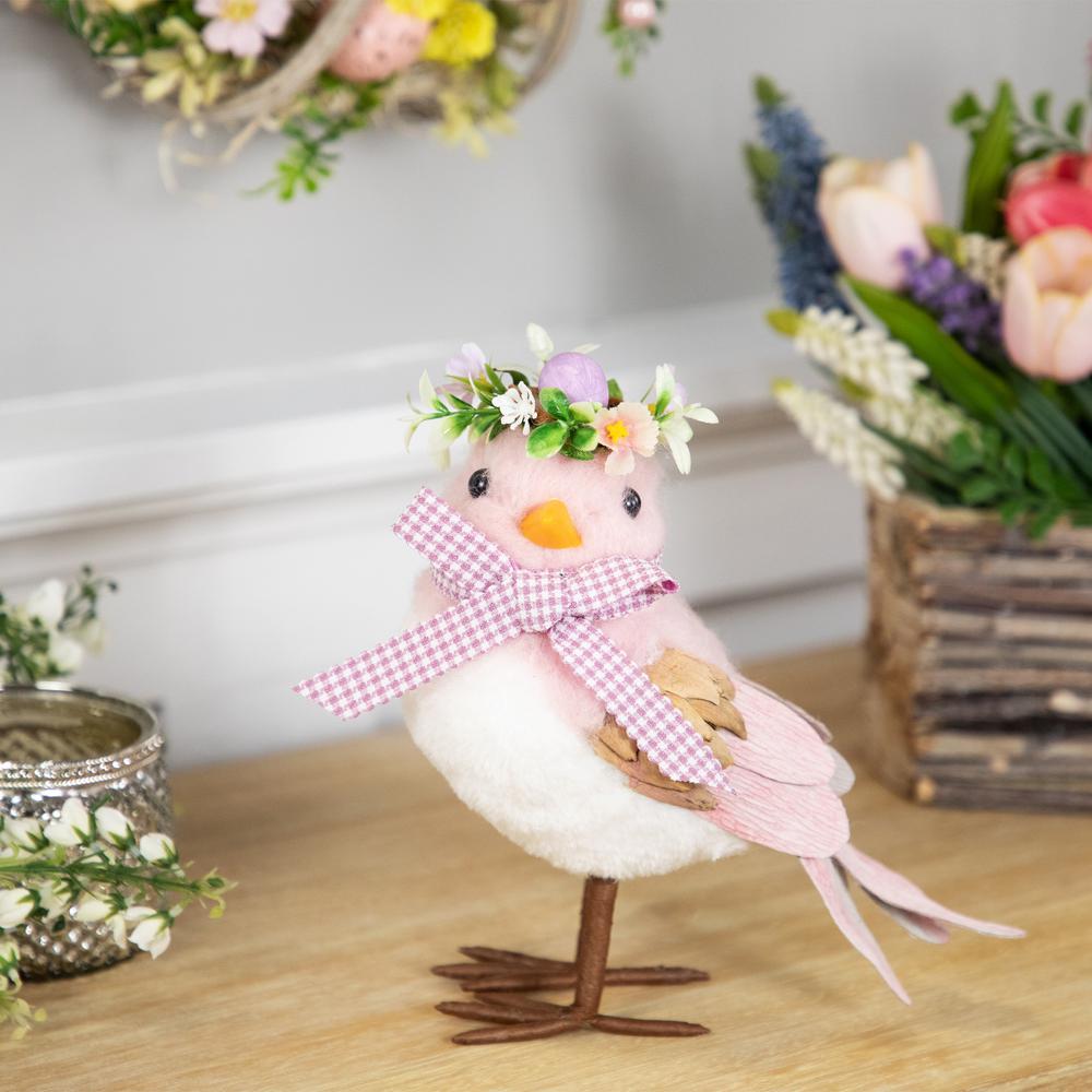 Plush Bird with Gingham Bow Easter Figurine - 7.75" - Pink. Picture 6