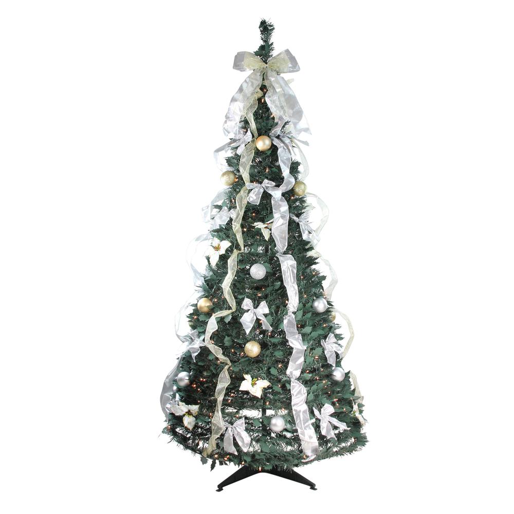 6' Pre-Lit Silver and Gold Pre-Decorated Pop-Up Artificial Christmas Tree. Picture 1