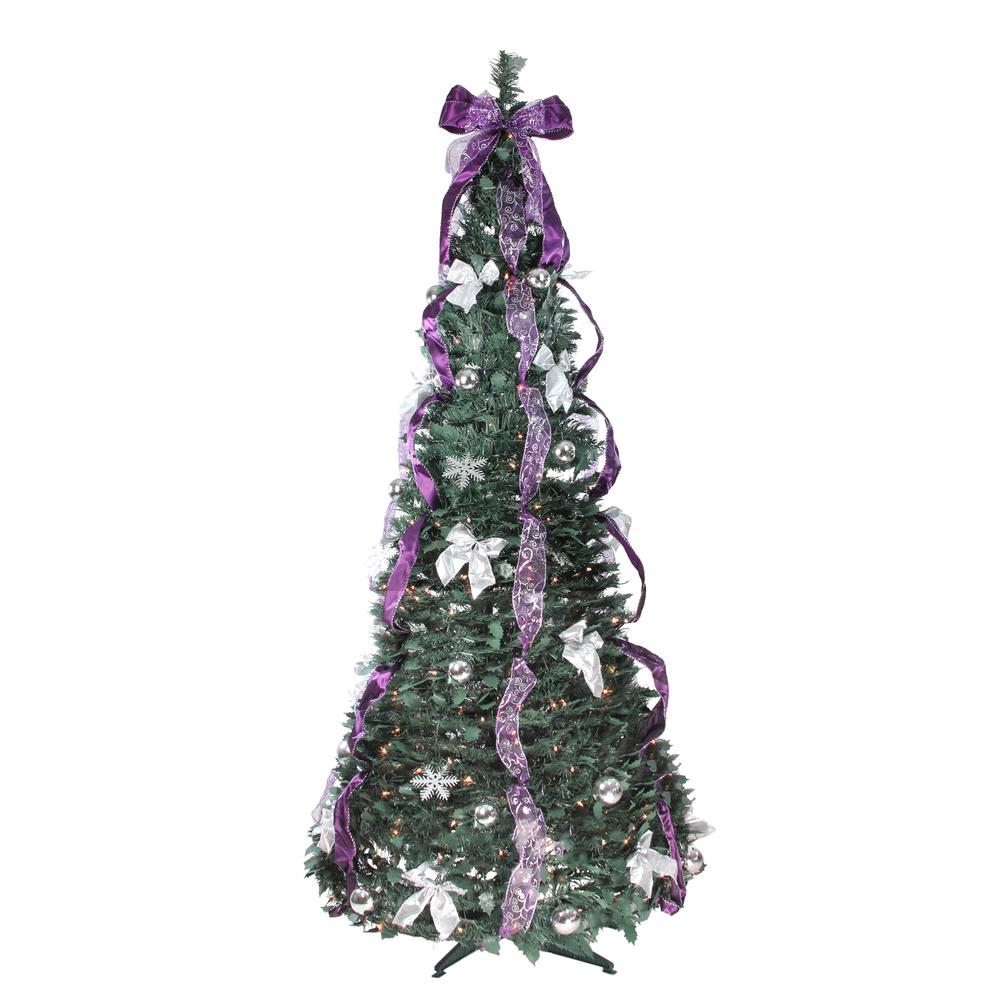 6' Pre-Lit Purple and Silver Pre-Decorated Pop-Up Artificial Christmas Tree. Picture 1