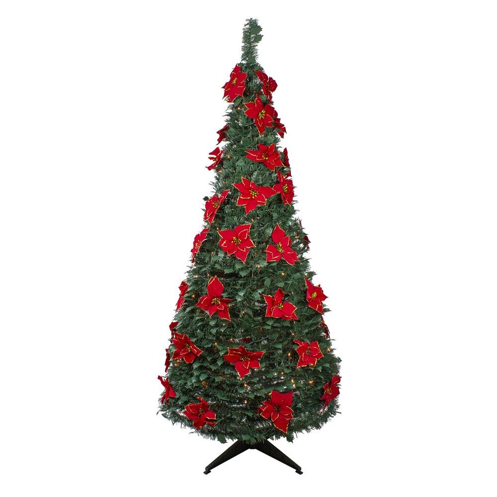 6' Pre-Lit Slim Pre-Decorated Poinsettia Pop-Up Artificial Christmas Tree. Picture 1