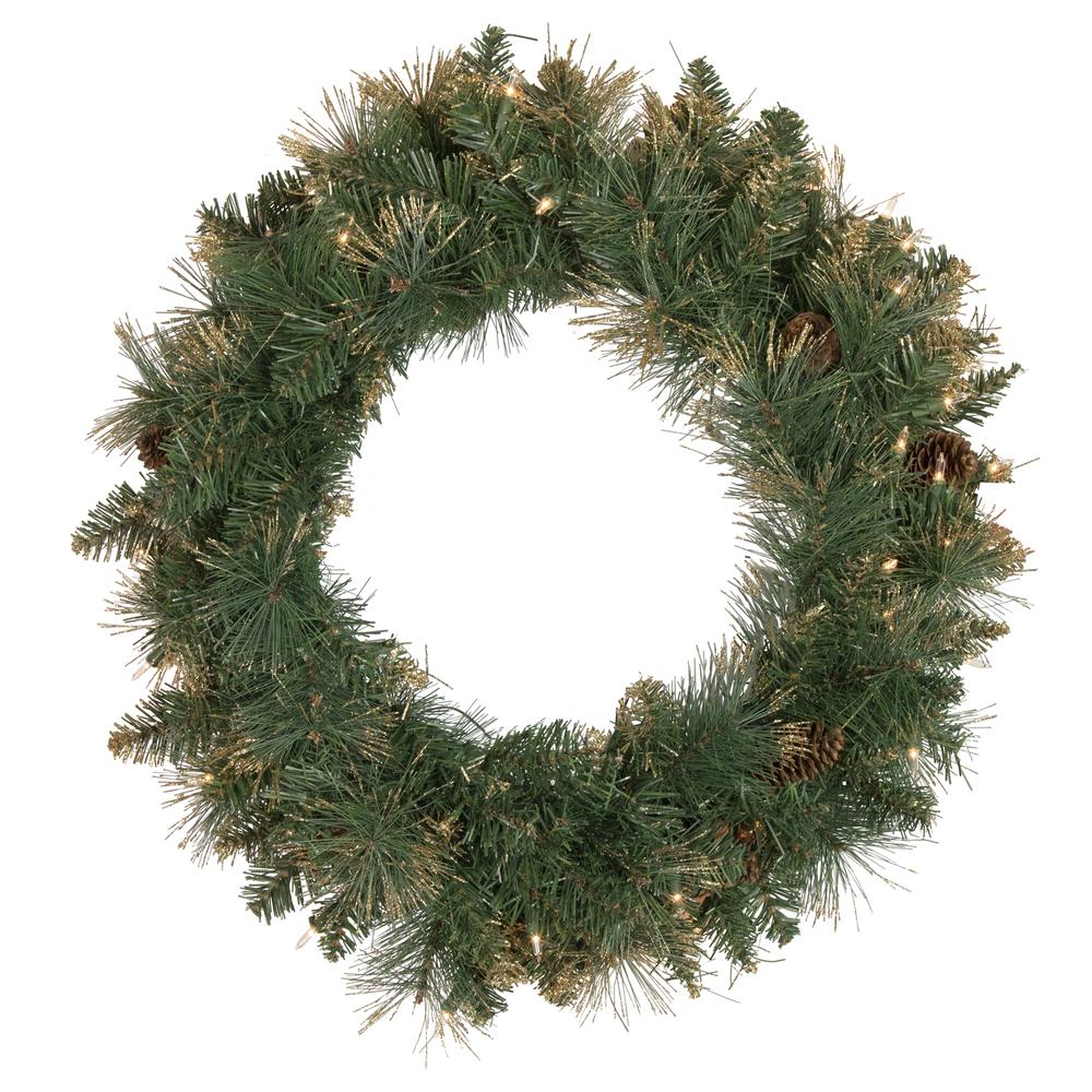 Pre-Lit Yorkshire Pine Artificial Christmas Wreath  24-Inch  Clear Lights. Picture 1
