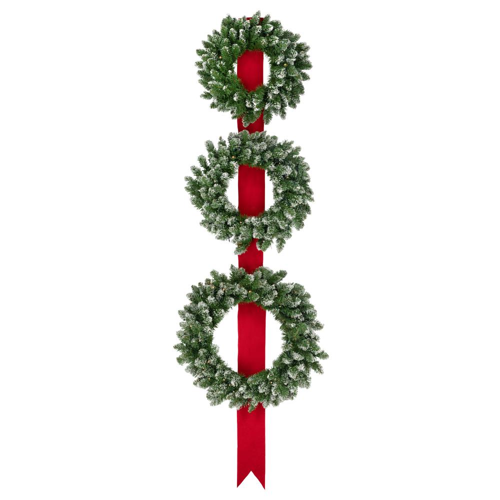 Set of 3 Pre-Lit B/O Flocked Wreaths on Red Ribbon Christmas Decoration  6.5'. Picture 1