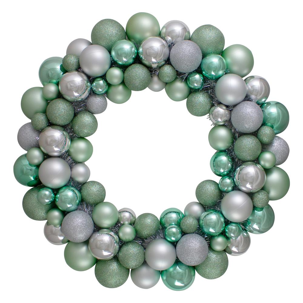 Silver and Seafoam Green 3-Finish Ball Christmas Wreath - 24-Inch Unlit. Picture 1