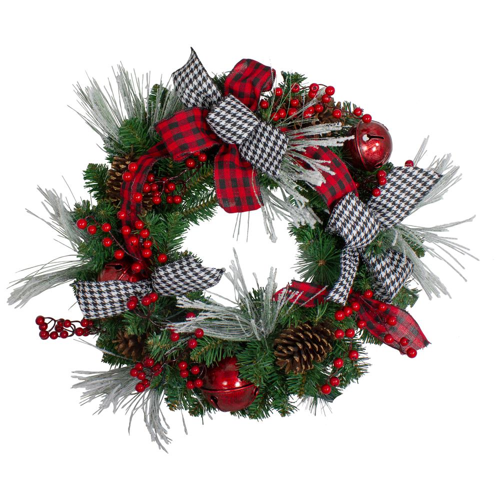 Plaid and Houndstooth and Red Berries Christmas Wreath - 24-Inch Unlit. Picture 1