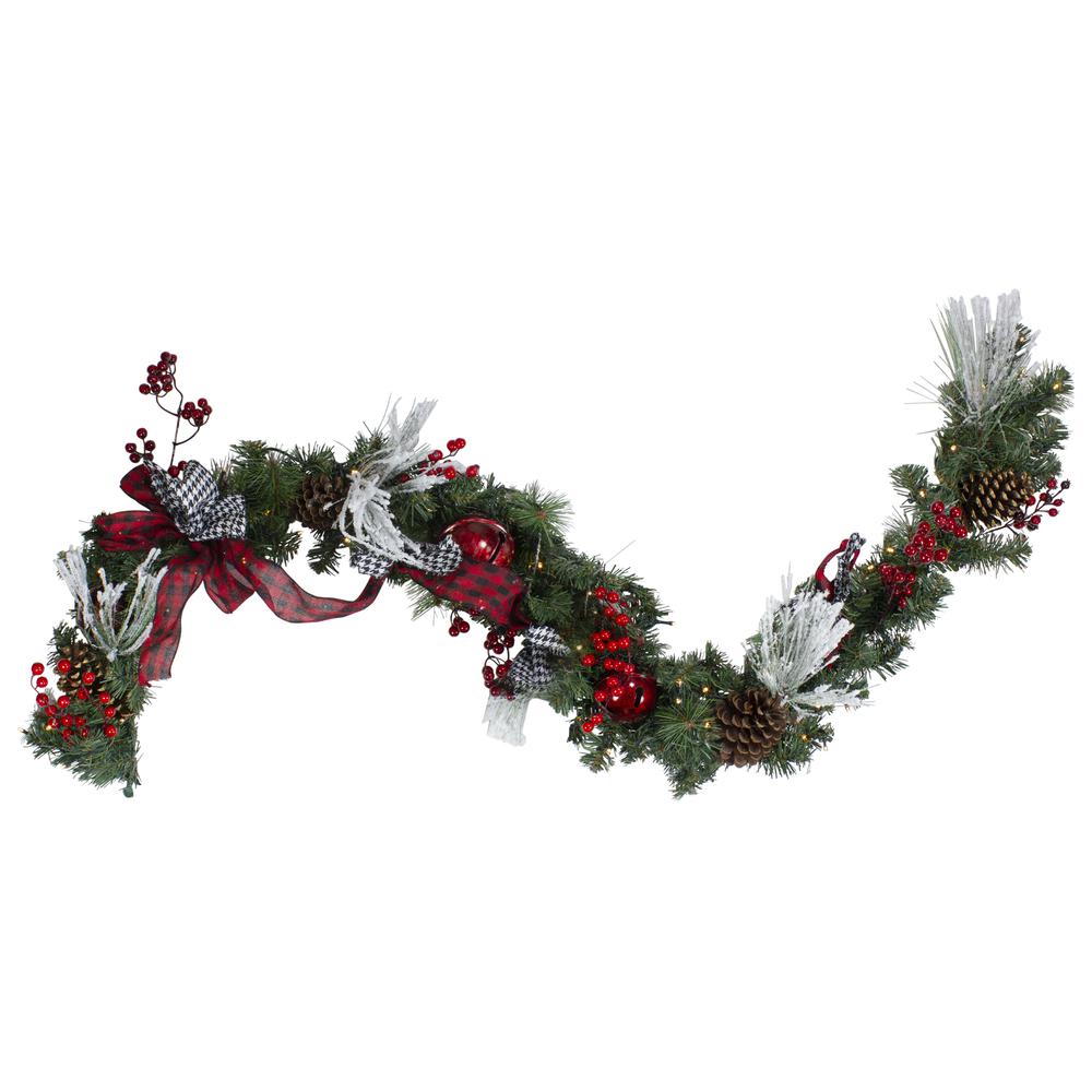 6' x 12" Plaid Bows and Red Berries Christmas Garland - Warm White Lights. Picture 1