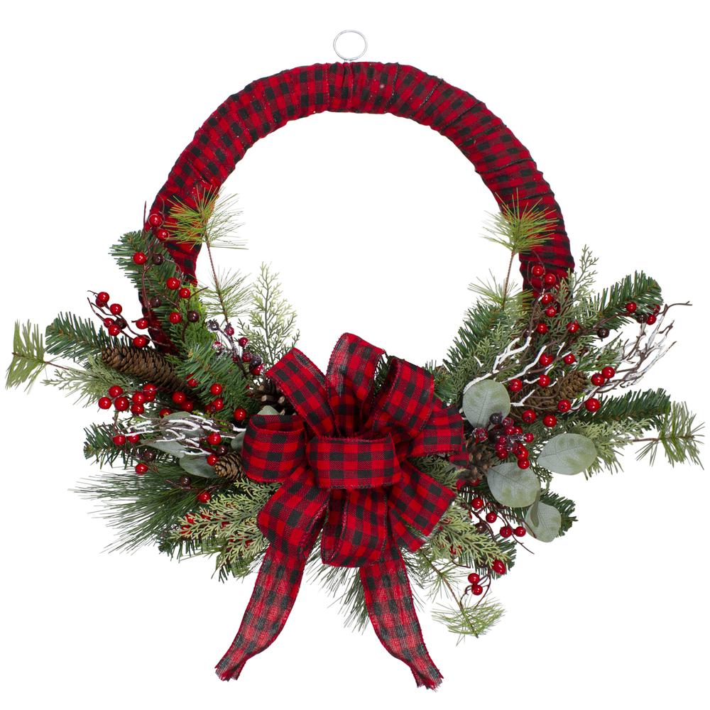 Red and Black Buffalo Plaid and Berry Artificial Christmas Wreath - 24-Inch  Unlit. Picture 1